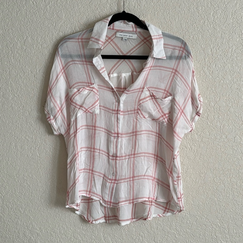 Lightweight white and red button down top